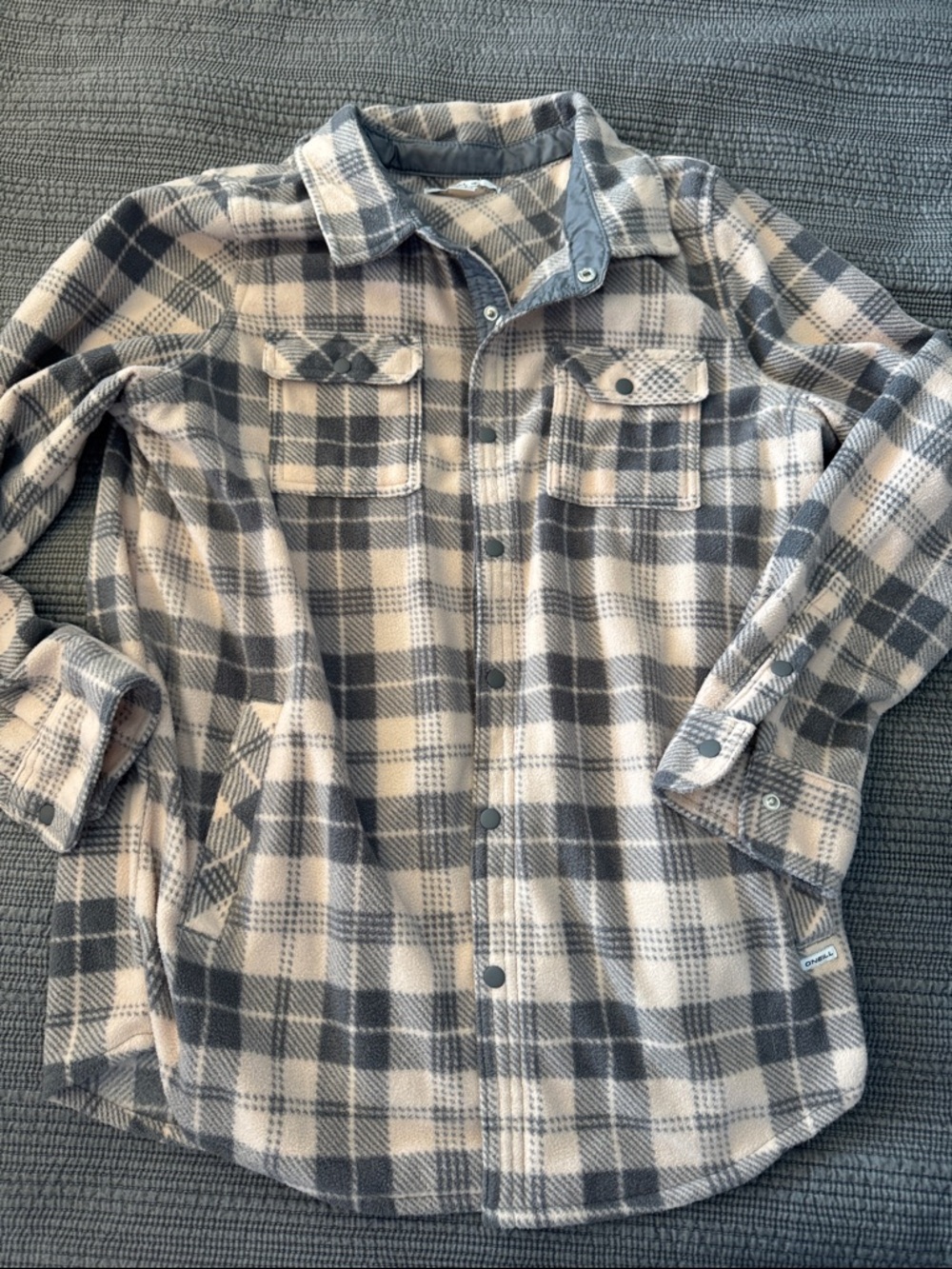O'Neill Gray and Cream Plaid Fleece Shacket